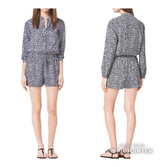 MICHAEL Michael Kors Long Sleeve Button Down Romper Black White Animal Print S - Picture 1 of 10